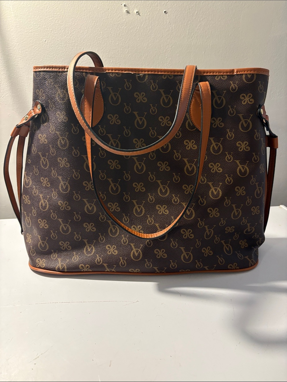 Brown Monogram Tote Bag with Tan Trim